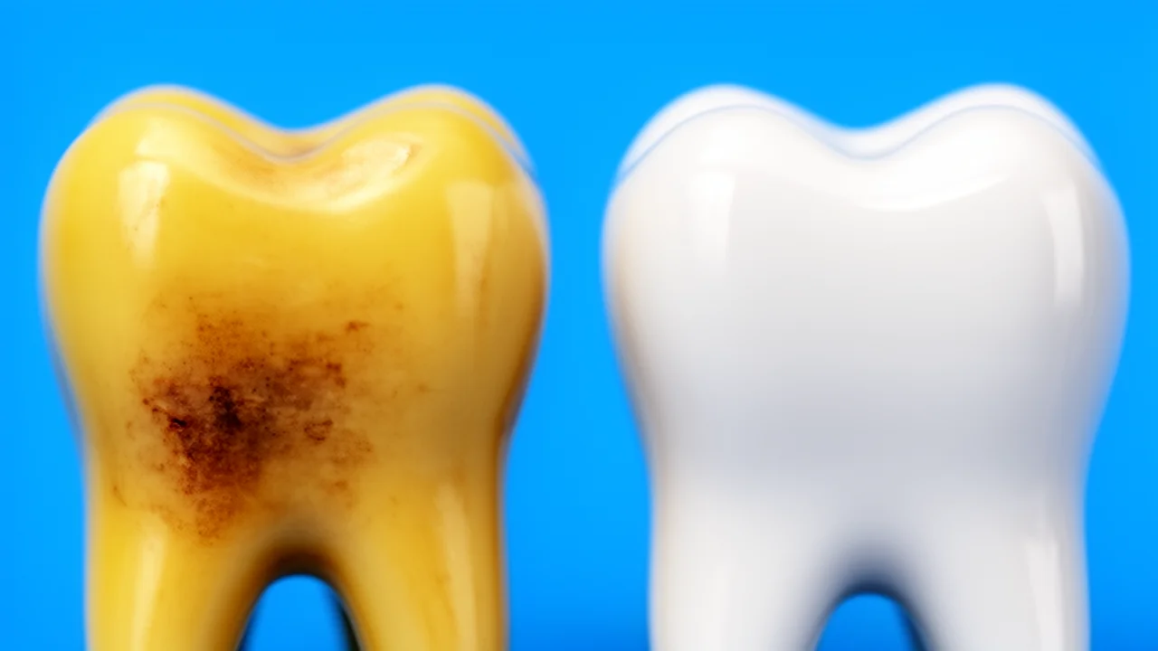 A visual comparison showing one tooth before professional whitening and one after, demonstrating the dramatic shade improvement possible.