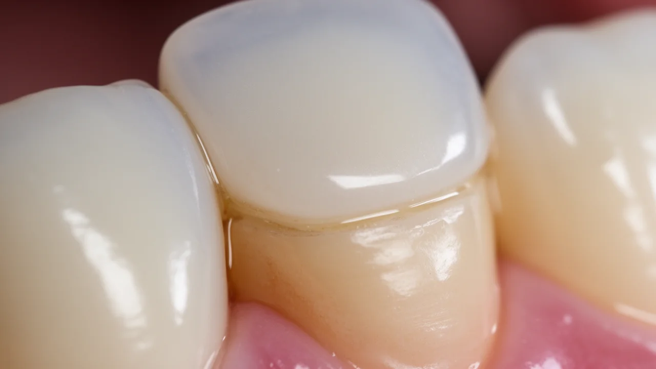 A detailed close-up of a porcelain dental veneer being expertly bonded to a tooth, showcasing the precision and craftsmanship involved in the procedure.
