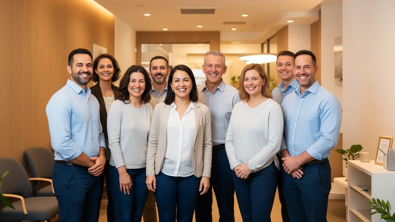 A diverse group of smiling patients in a modern dental office, representing the confident results possible with cosmetic dentistry at McAllen Dental.