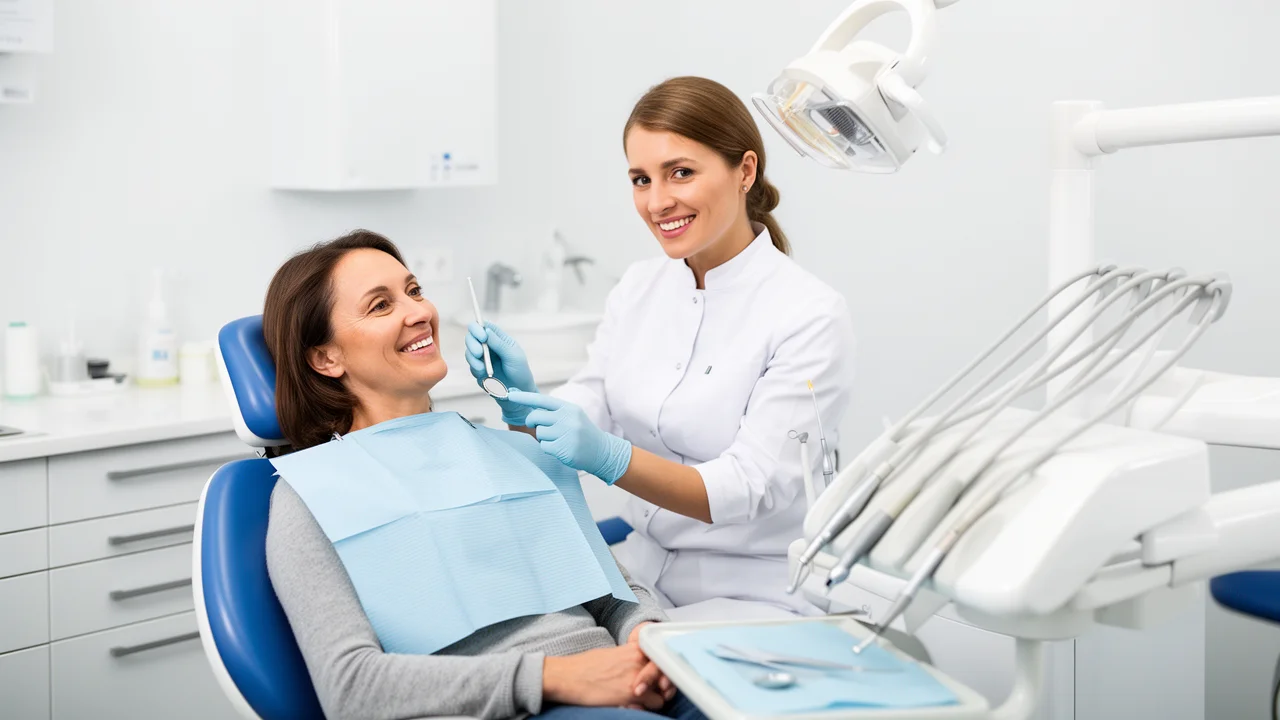 A dentist performs a gentle oral examination on a patient in a modern, well-equipped dental office, representing comprehensive general dentistry care.