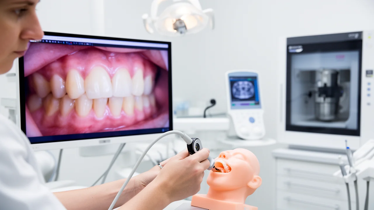 A close-up view of advanced dental technology at McAllen Dental, featuring an intraoral camera and a monitor displaying a detailed tooth image, representing our commitment to precise digital dentistry.