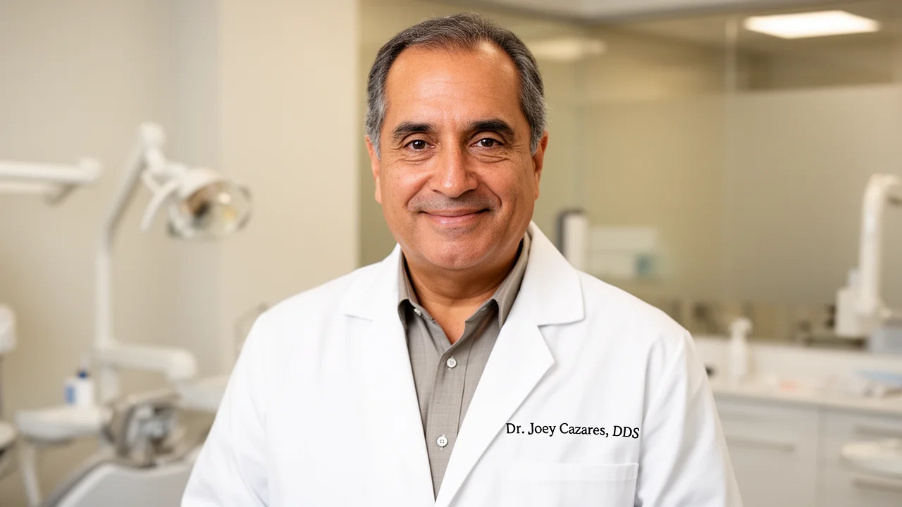 A professional portrait of Dr. Joey Cazares, DDS, FAGD, the award-winning lead dentist at McAllen Dental, smiling warmly in his modern office.