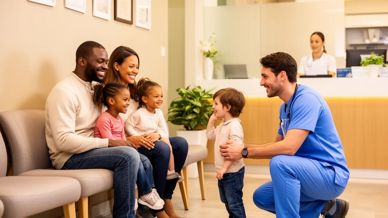 A family smiles together with their dentist in the modern, welcoming waiting area of McAllen Dental, representing our family-focused care.